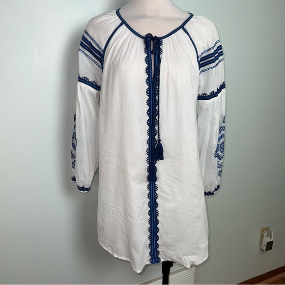 blue island Other - Blue Island White Blue Embroidered Cotton Swim Cover Tassel Boho Beach Tunic M